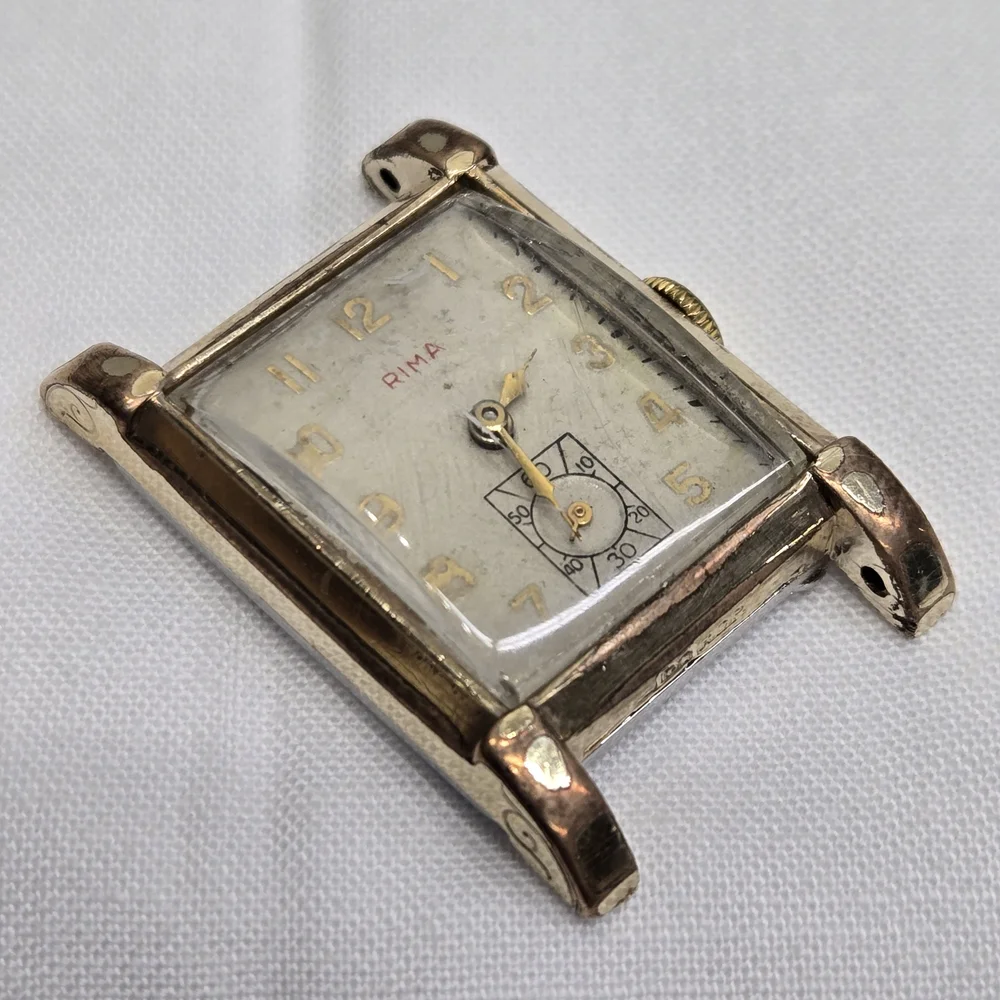 Vtg RIMA 17 Jewels Tank Style Wristwatch Swiss‎ Movement 10k R.G.P. Bezel Works